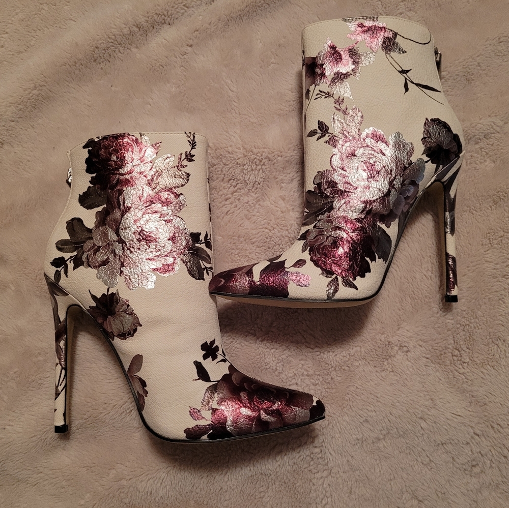 JustFab Metallic Floral Booties